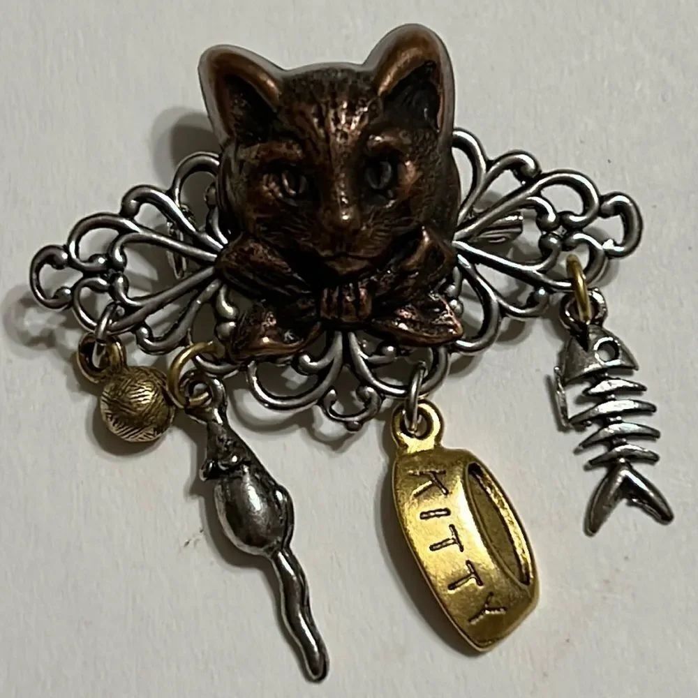 Vintage J.J. Cat with Yarn, Mouse, Dish & Fish Brooch